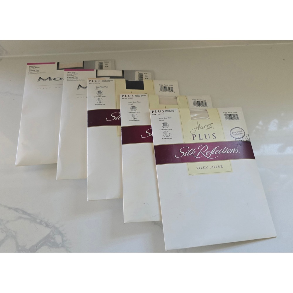 Hanes Plus Moments Silky Sheer Pantyhose Bundle 5 Pairs Two Plus Jet Pearl White